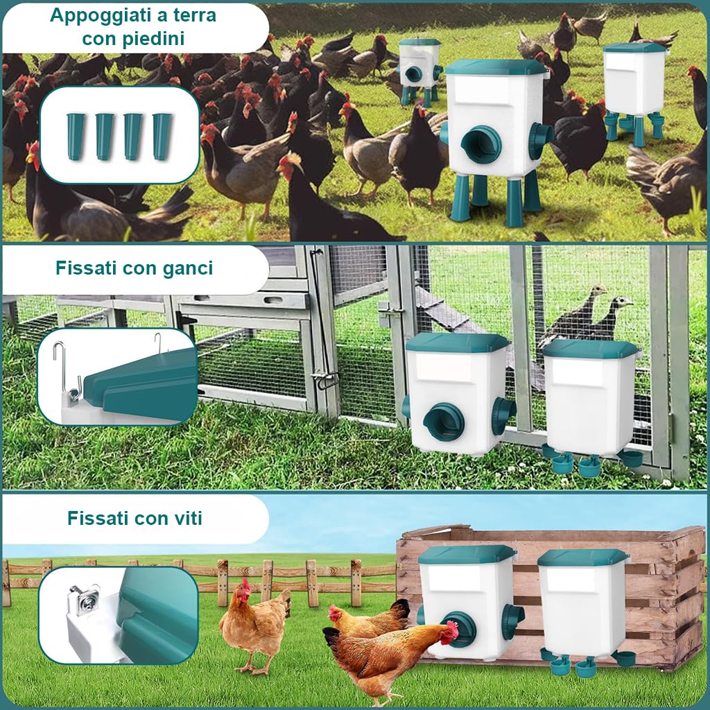 Easy Media Abbeveratoio 12 kg + Mangiatoia 11 L per Galline, Anatre, Oche, Polli, Pollame – sistema automatico, antispreco, con 4 Beverini e 3 Bocche di Alimentazione