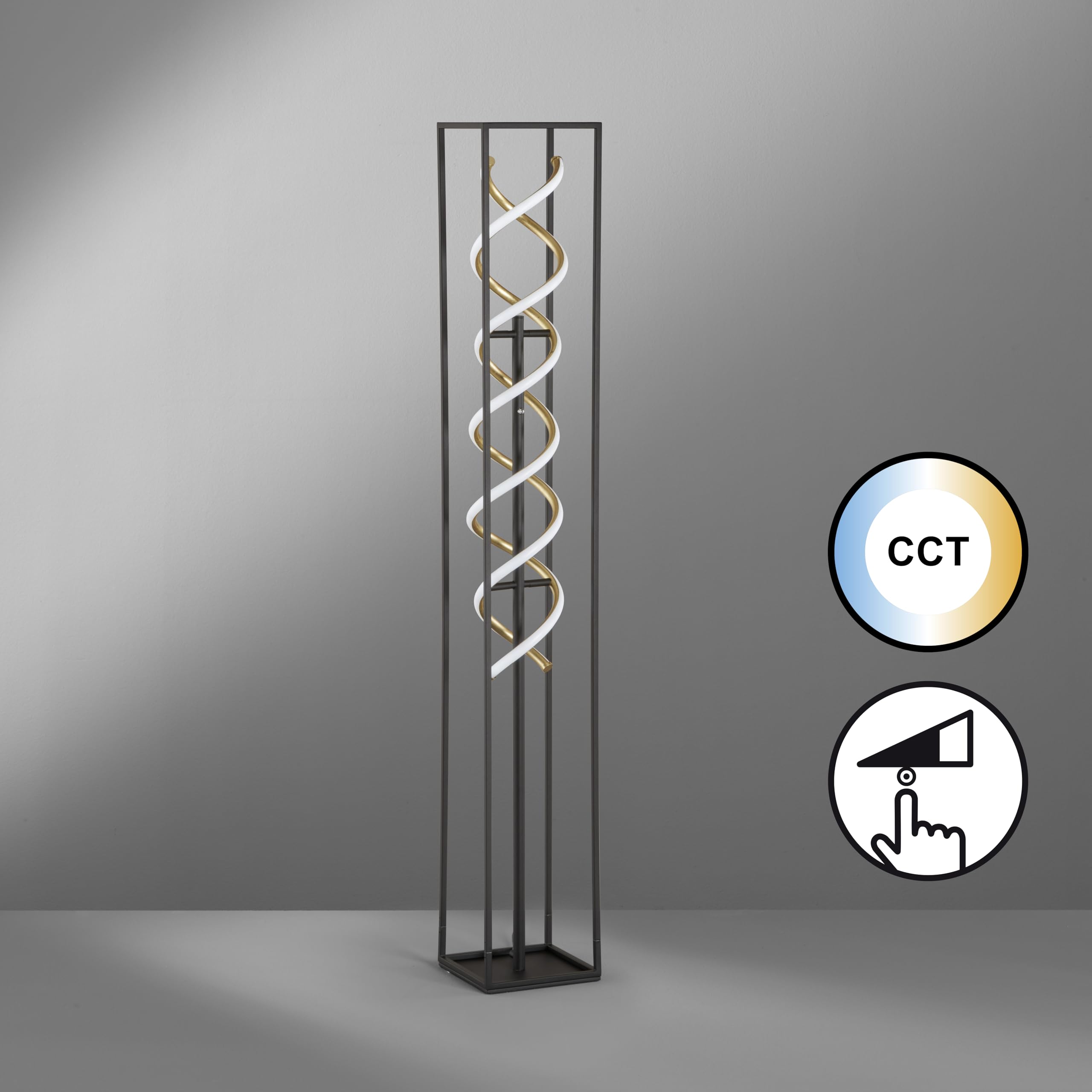 Fischer & Honsel Stehleuchte, Gian|sandschwarz/goldfarben|L: 20 cm, B: 20 cm, H: 135 cm|stufenlos dimmbar|Farbtemperatureinstellung 3 Stufen|1x LED 34 Watt 2700/3350/ 4000 K, 4200 lm|EEG: F|40495