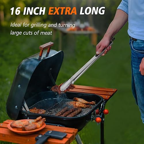 Miniatura 2 de Pinzas de cocina de acero inoxidable Hotec, pinzas de metal de bloqueo extra largas de 16 pulgadas para cocinar, servir, barbacoa, parrilla, agarre