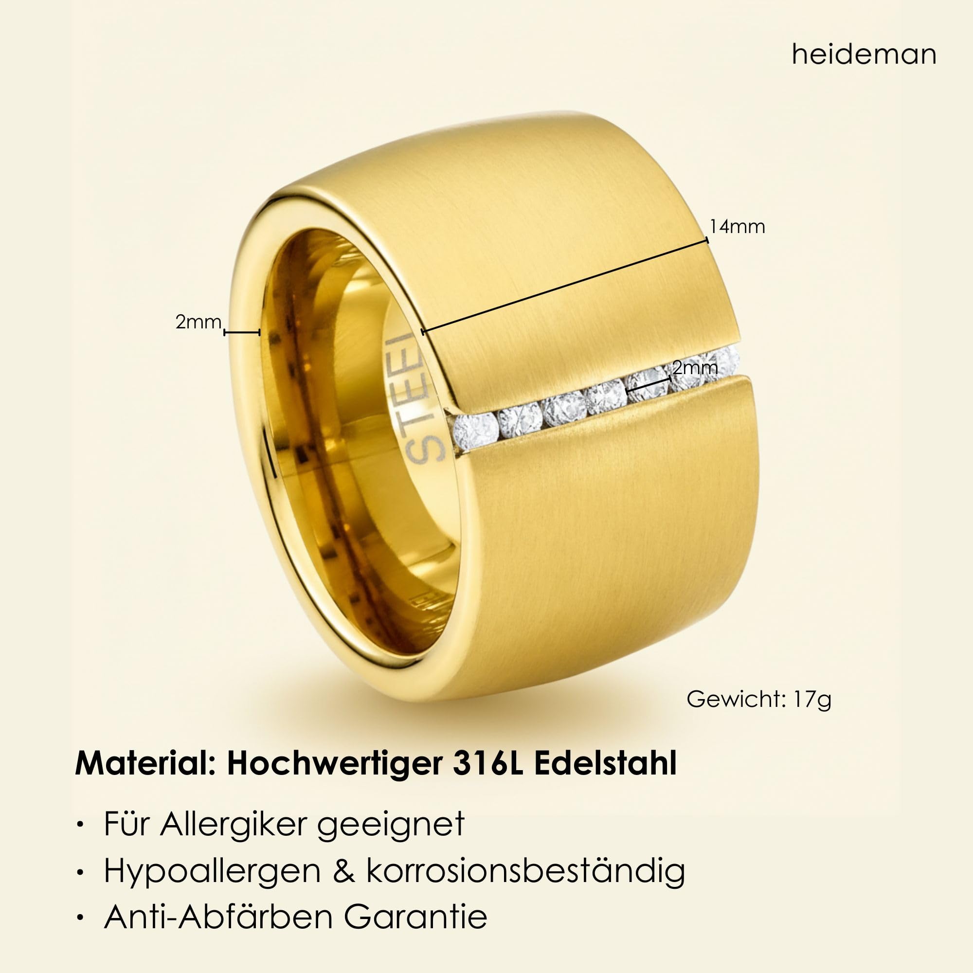 Heideman Ring Damen Lines Gold Edelstahl mit Zirkonia weiß matt | Lines Statement-Ring Gold, Edelstahl, funkelnde Zirkonia-Reihe, breiter Damenring, hautfreundlich & nickelfrei, Geschenk