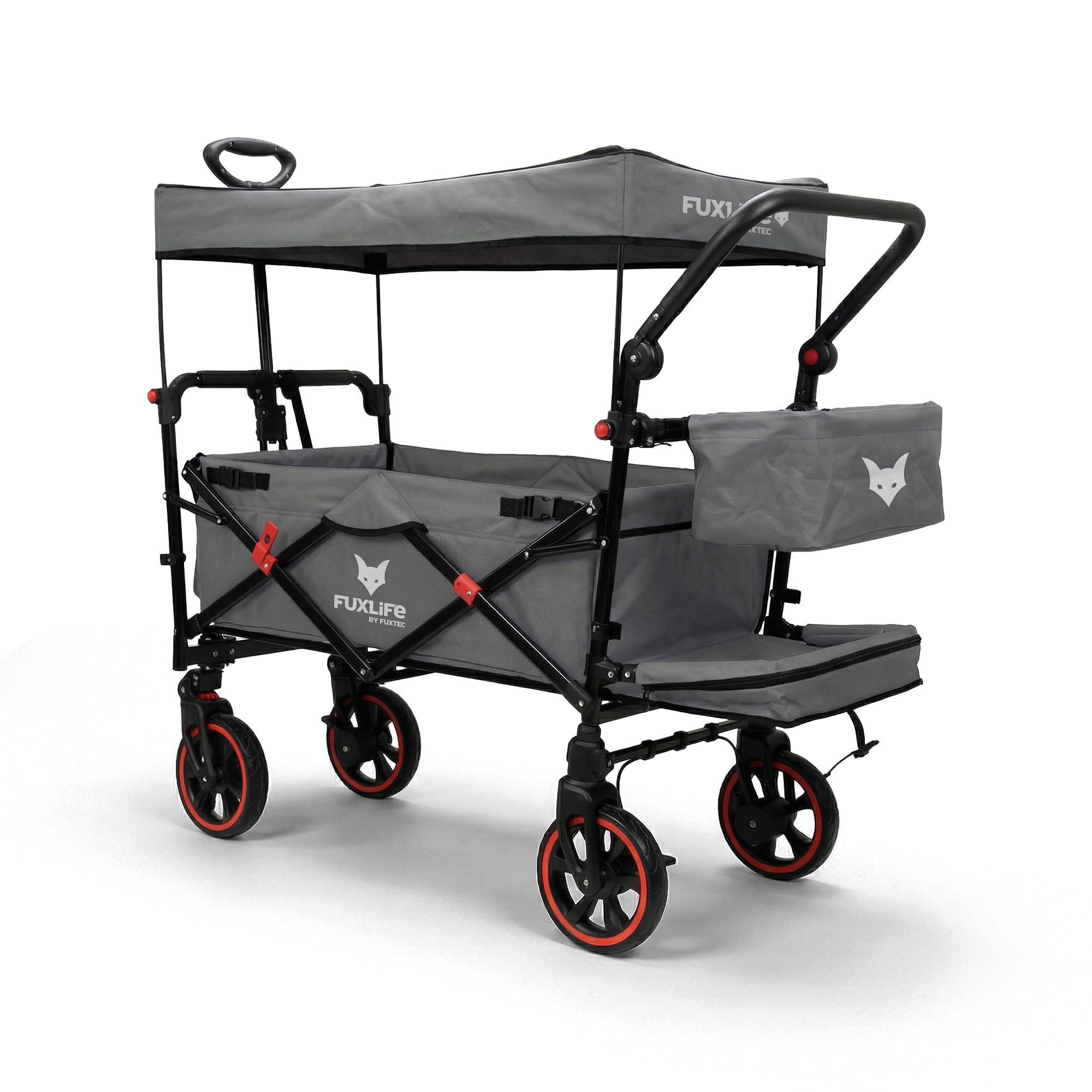 FUXLIFE Bollerwagen FX-CT850 Grau - Komfort faltbar • Kinder Transportwagen mit Sonnendach • gepolsterter Innenraum mit Verlängerung • gefederte Räder • klappbarer Handwagen mit Hecktasche