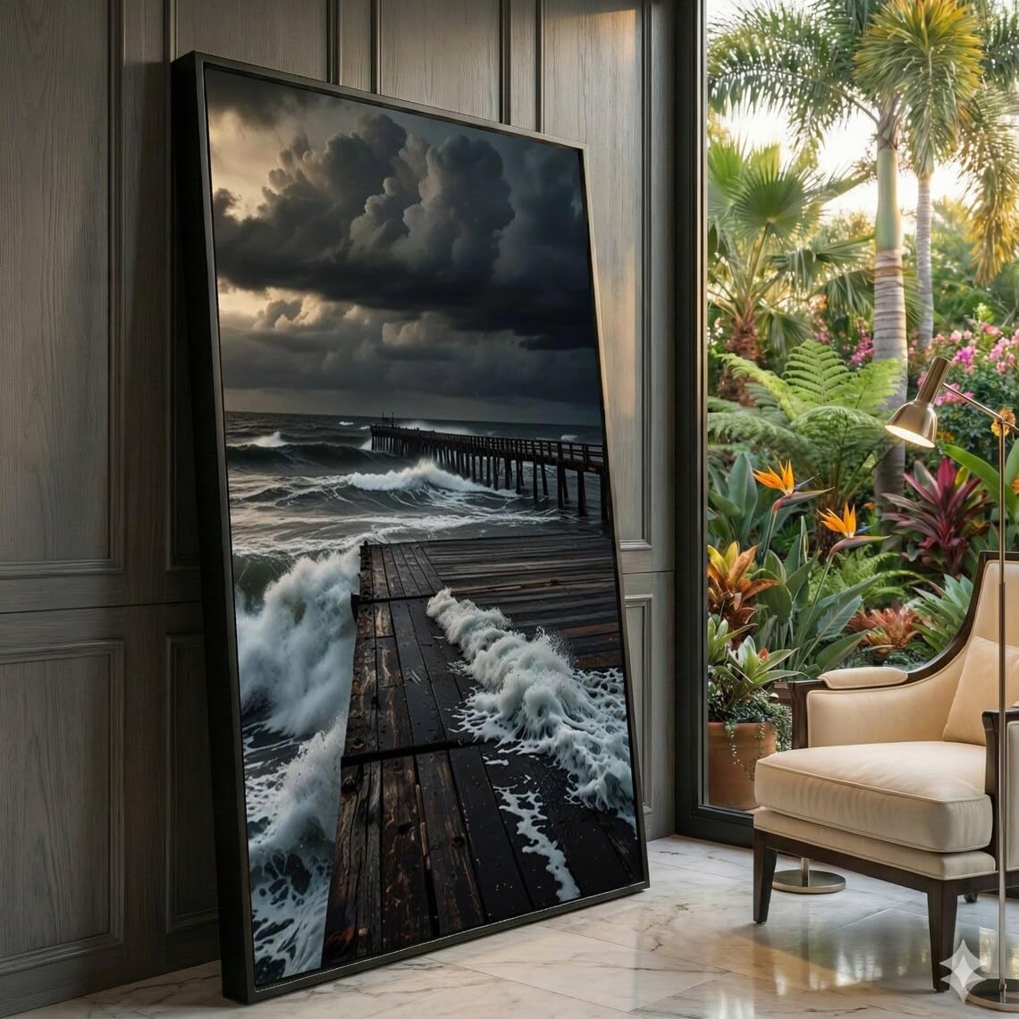 Tableau sur toile jetée océanique déco murale tempête 55x100cm