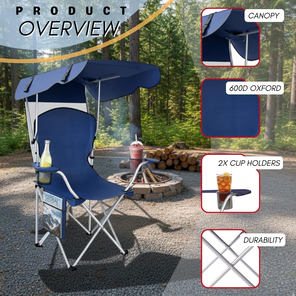 Portable Folding Camping Chairs with Canopy Shade, Beach Chair for Adults, Durable Weather Resistant 600D Oxford Cloth, Camping Chair with Canopy for Outdoors [Navy]