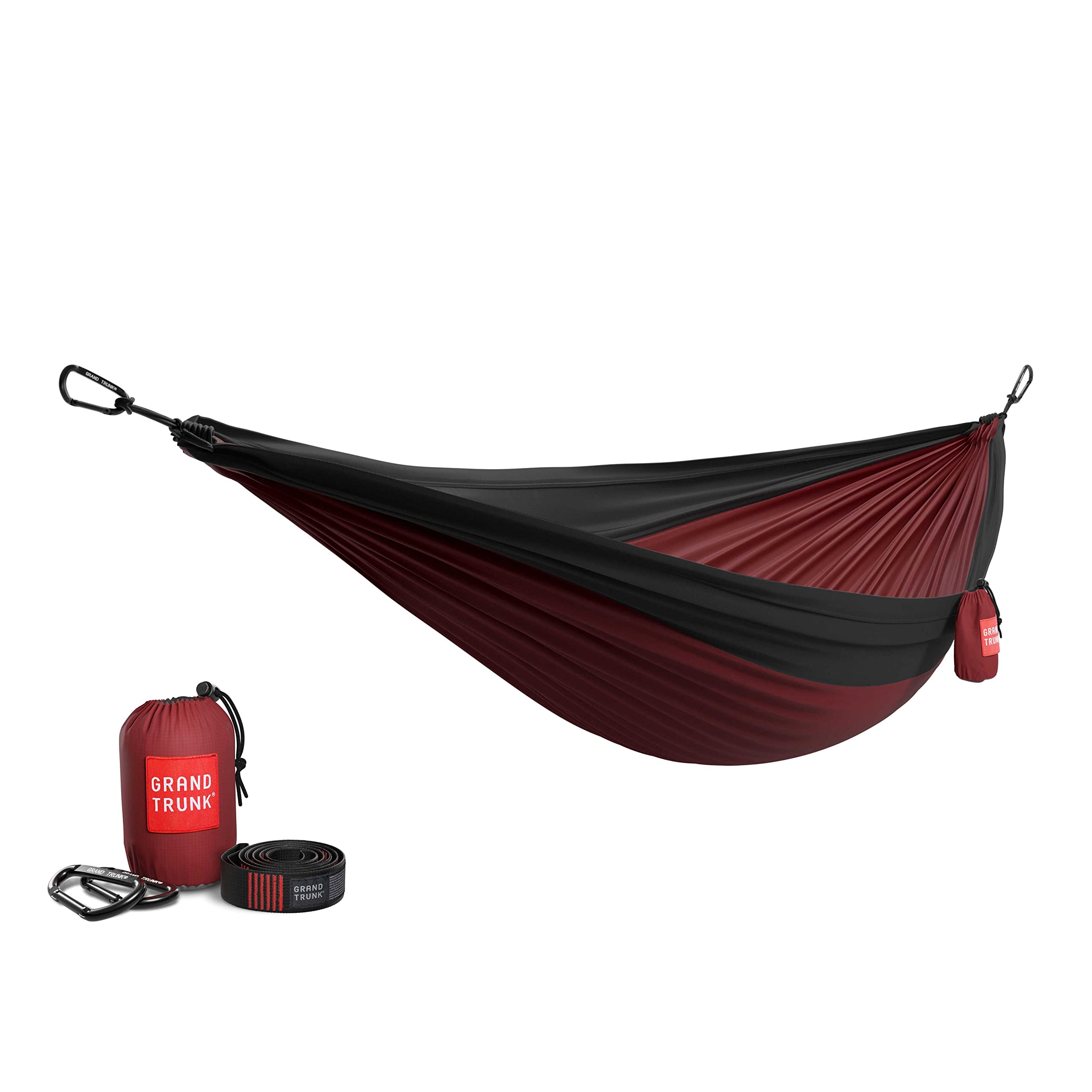 Grand Trunk Double Deluxe Parachute Nylon Hammock - 500lb Capacity Camping Hammock, 10.5x6.5ft, Lightweight & Durable (Crimson/Charcoal)