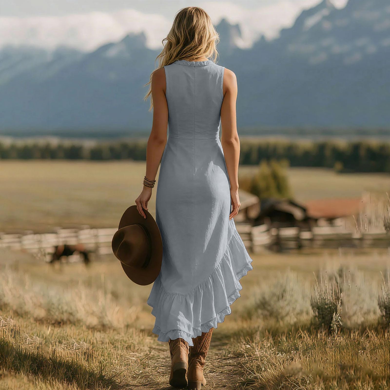 Vestidos Verano Mujer sin Mangas Vestidos Casual Cuello En V Profundo Dobladillo con Volantes Lino Vestido Largo Asimétrico Transpirable Ligero Boho Fiesta Playa Vacaciones