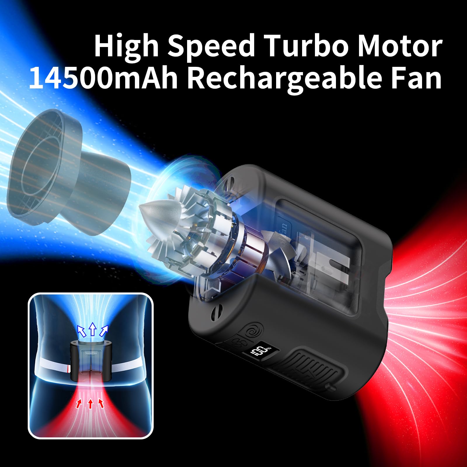 Socool 14500 mAh tragbarer Taillenventilator mit 360 Grad drehbarem Clip-on Gürtel Hemdventilator 67 Stunden lang anhaltende Kühlung Persönlicher Hänge-Hals-Ventilator mit 5 Geschwindigkeiten &