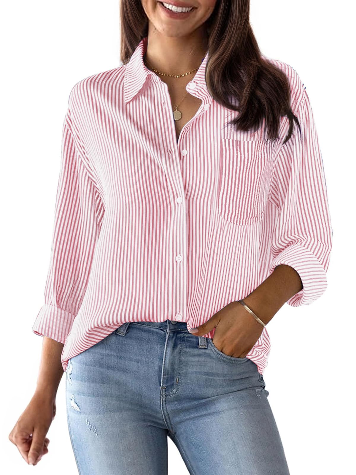 Camisas a rayas con botones para mujer, camisas de vestir de algodón de manga larga con cuello, blusas casuales para el trabajo, negocios