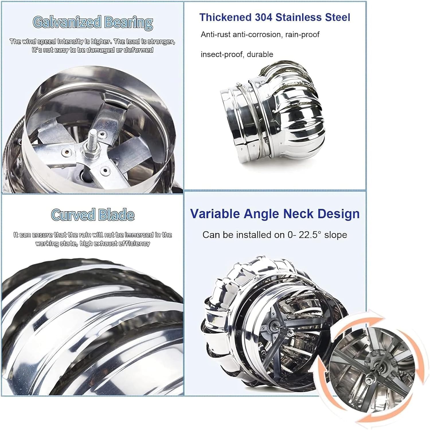 Ventilatore a turbina da tetto, in acciaio inossidabile 304, tappo di scarico rotante, per tutte le stagioni, base da 10,9 cm, impermeabile