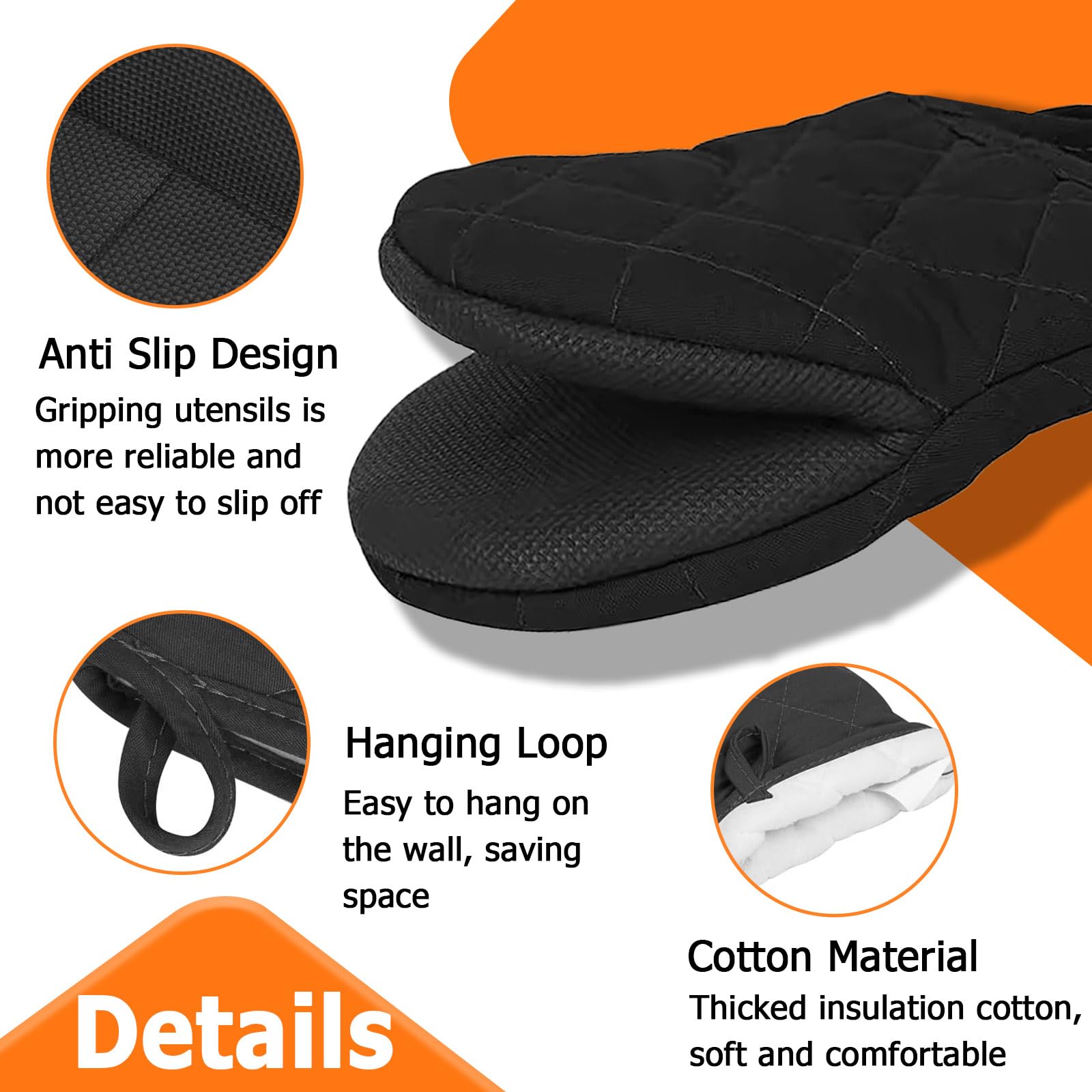 1 Pair of Black Oven Gloves Heat Resistant, Premium Reusable Cotton Oven Mitts with Hanging Loop, Washable Non-Slip Kitchen Gloves and Insulating Mat for Baking, Grilling, Barbecue, Cooking, Microwave - Image 3