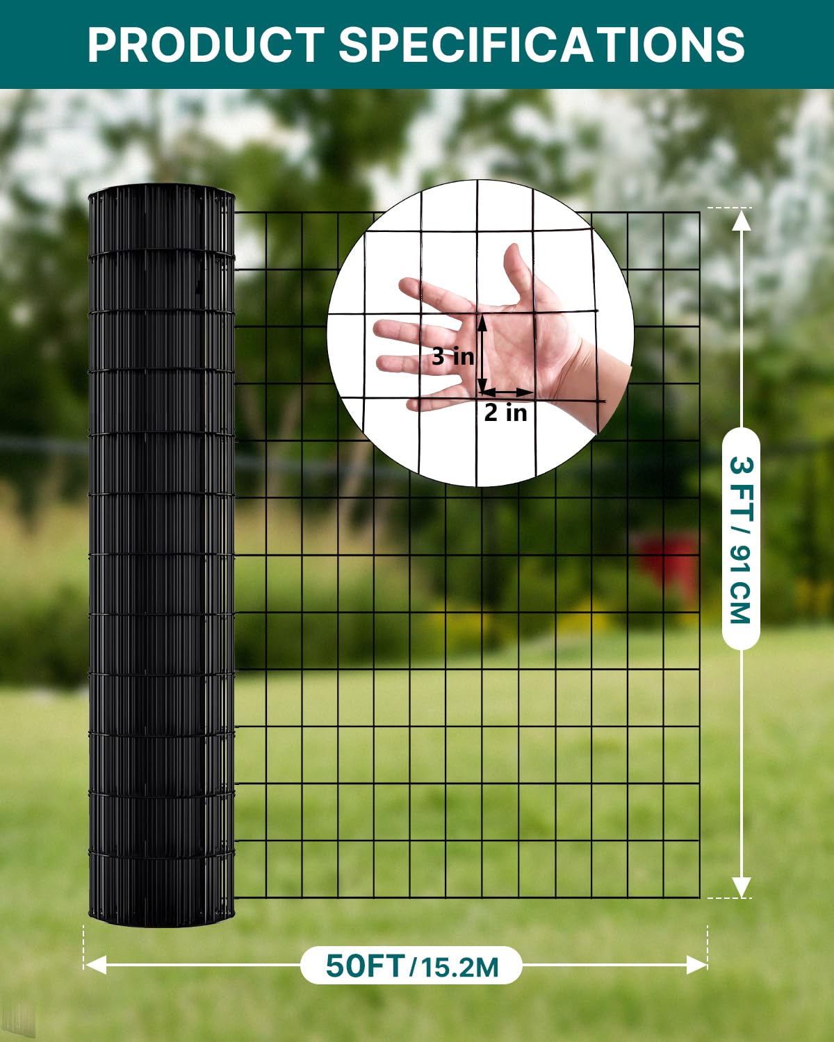 ARIFARO 0,9M x 15M Clôture Métallique en Treillis métallique Épaisseur fil 2mm Maille 5cm x 7,5cm Avec PVC, Rouleau de Treillis Métallique Avec Revêtement Galvanisé à Chaud pour Chiens, Poules, Lapins