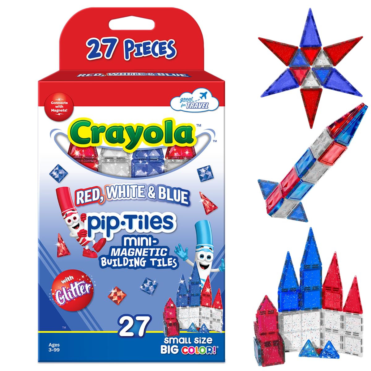 CreateOn Crayola Red, White &amp; Blue PIP Magnetic Tiles 27pc, Magnetic Kids’ Building Toys, STEM Learning Travel Toys for Boys and Girls, 27-Piece Set