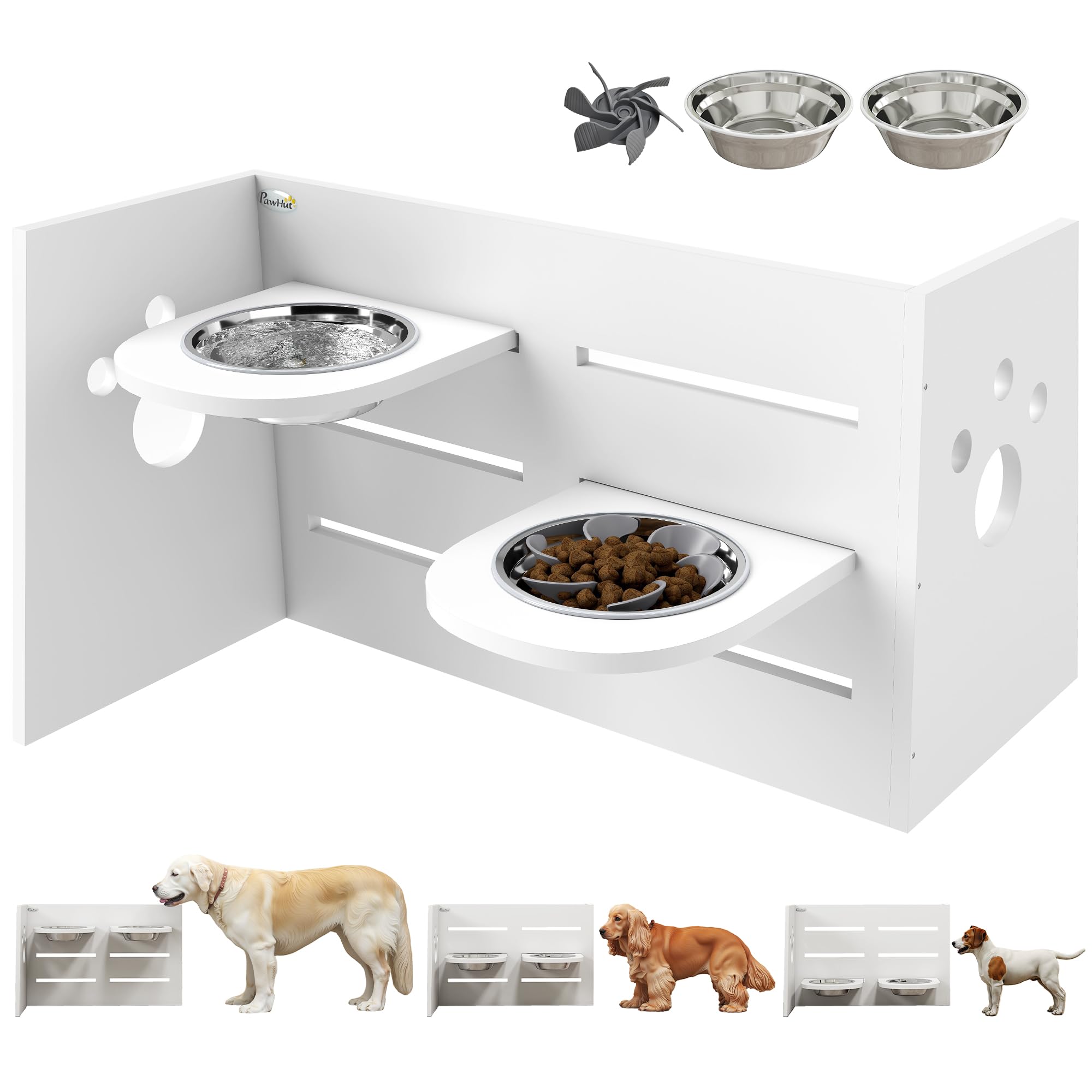 PawHut Comedero Perros Elevado 3 Alturas Ajustables para Perros Blanco | Cuencos 2x1 L, 1 Alfombrilla Antivoracidad, Comedero para Perros Pequeños Medianos y Grandes