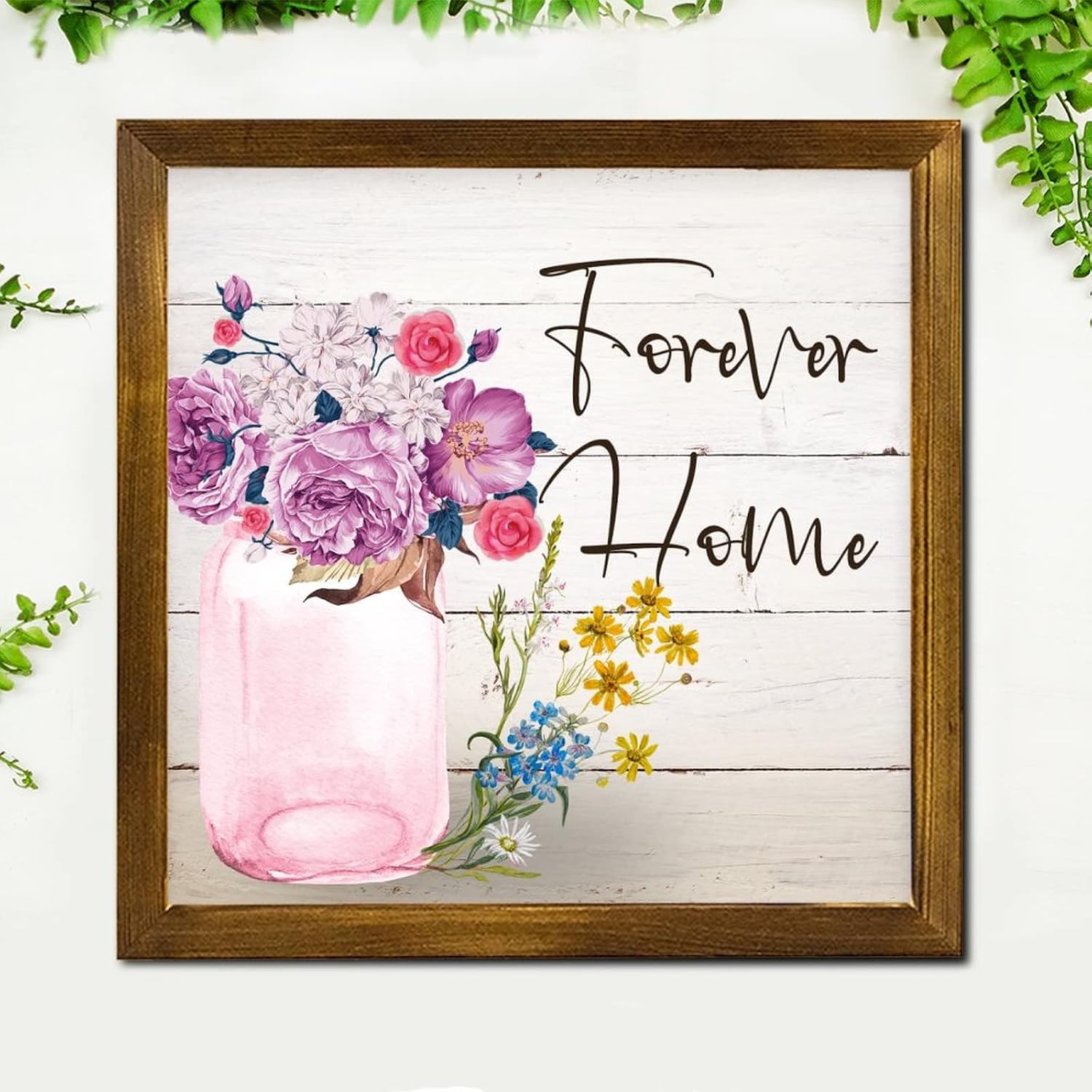 Forever Home Framed Wooden Signs Spring Rose Flower in Vase Hanging Wood Sign Classic Garden Floral Wooden Wall Art Decorative for Home Kitchen Bar Room Garage Bedroom 12x12 inch