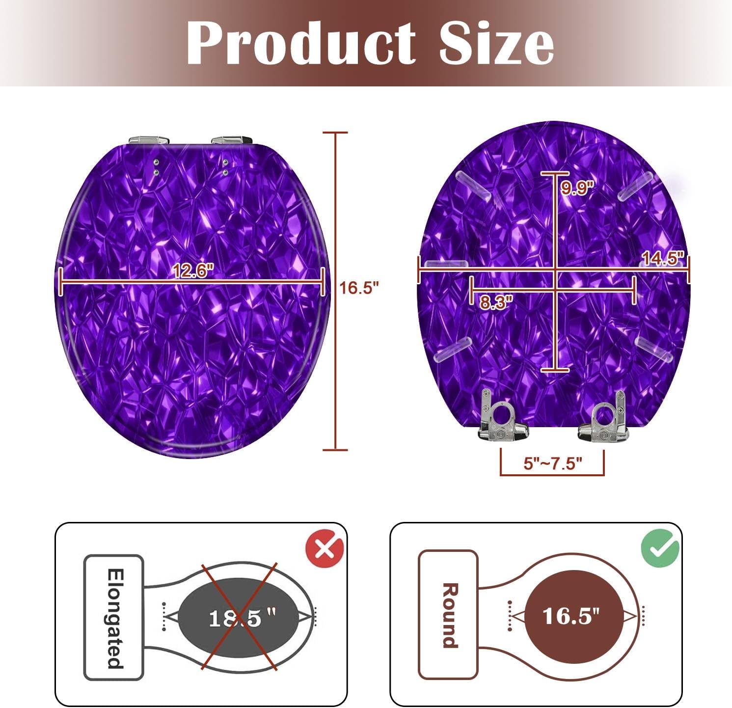 Round Toilet Seat Crystal Diamond Amethyst Abstract Background Magic Shiny Dark Purple Resin Toilet Seat Slow Quiet Close with Quick-Release Hinges Toilet Seat with Cover Easy to Clean Install