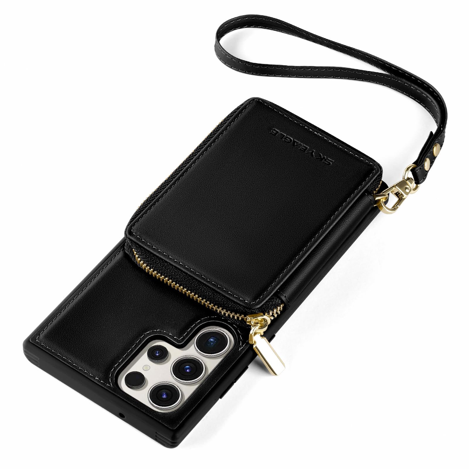 SkyEagle Crossbody Wallet Case for Samsung Galaxy S23 Ultra,?RFID Shielded? PU Leather Zipper Handbag,Galaxy S23 Ultra Case with Credit Card Slot Holder Wrist Strap Ladies' Gift,Black