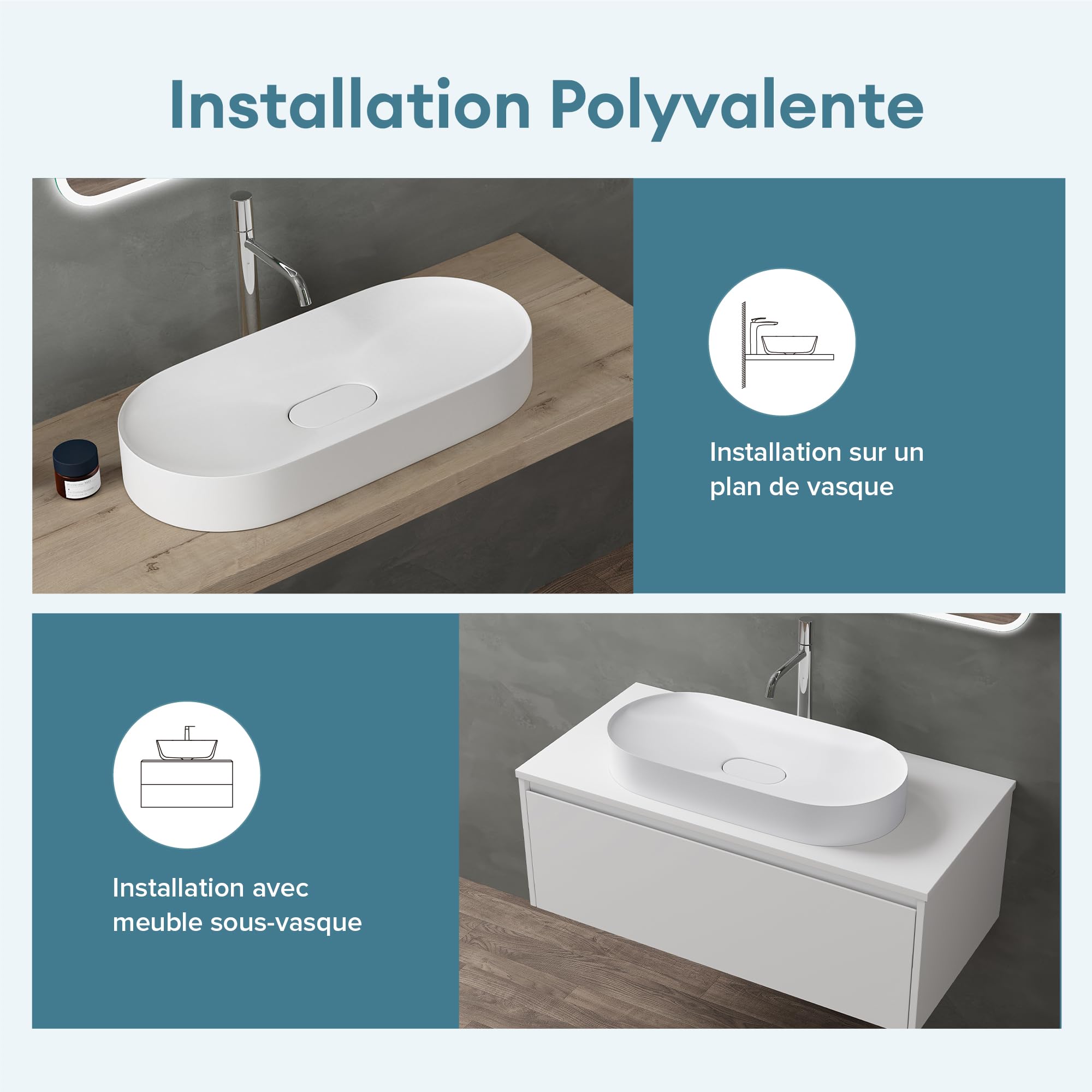 doporro Lavabo da Appoggio Lavandino Bagno 70 cm in Resina Minerale Bianco Opaco Effetto Loto, Senza Foro Rubinetto Colossum826
