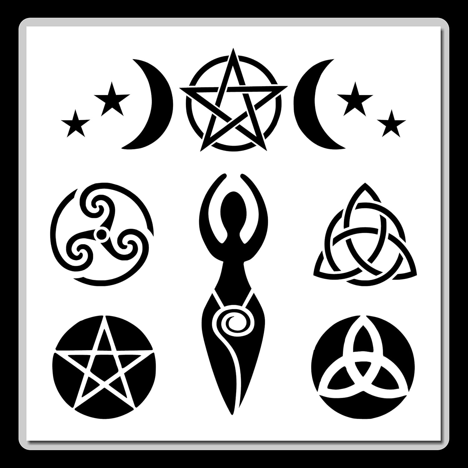 12 X 12-inch (6 in 1) Wiccan Witch Symbols Stencil Spiral Goddess, Pentagram, Triple Moon, Triquetras!