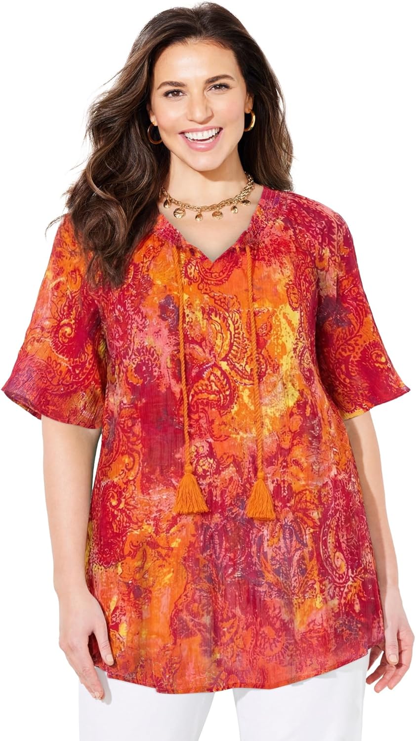 Catherines Women's Plus Size Seasonless Gauze Peasant Top