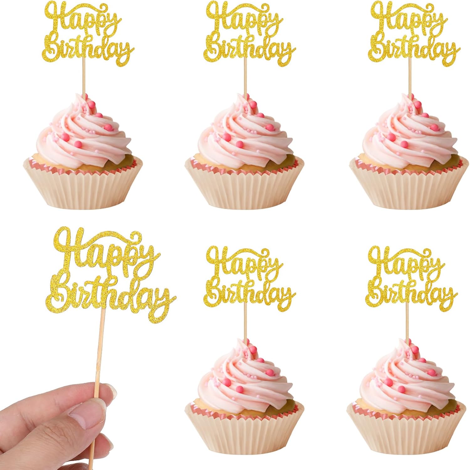 Gold Glitter Happy Birthday Cupcake Toppers Cake Decorations Happy Birthday Cupcake Picks, Party Decoration Supplie(Gold, 36PCS)