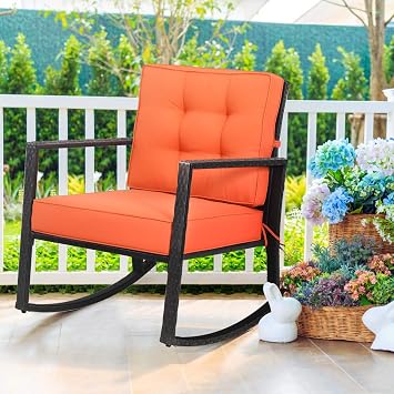 RELAX4LIFE Wicker Outdoor Rocking Chairs - 2-Piece Rattan Rocker Patio Chairs w/Steel Frame Removable Cushions & Armrest, Rocker Chairs Outdoor Furniture for Backyard Porch Poolside (2, Orange)
