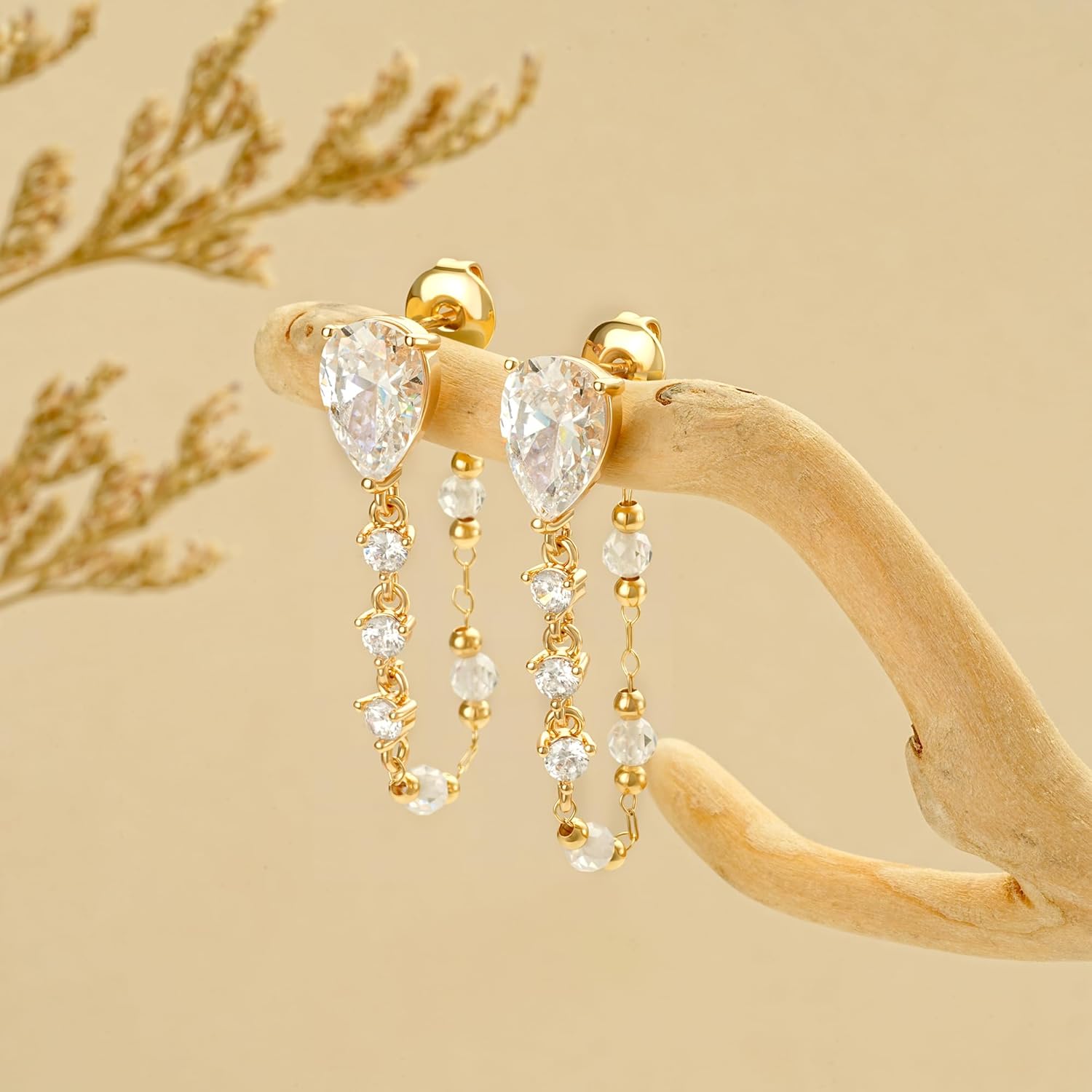 14K Gold Plated Dangle Earrings for Women, Hypoallergenic Long Chain Drop Earrings, Dainty CZ Teardrop Earrings, Trendy Elegant Wedding Jewelry Gifts for Women - Image 6