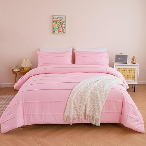 Miniatura 7 de ZRNBAST Juego de edredón rubor de cama en una bolsa, tamaño Queen, ropa de cama plisada con textura rosa con sábanas, estilo granja, edredón
