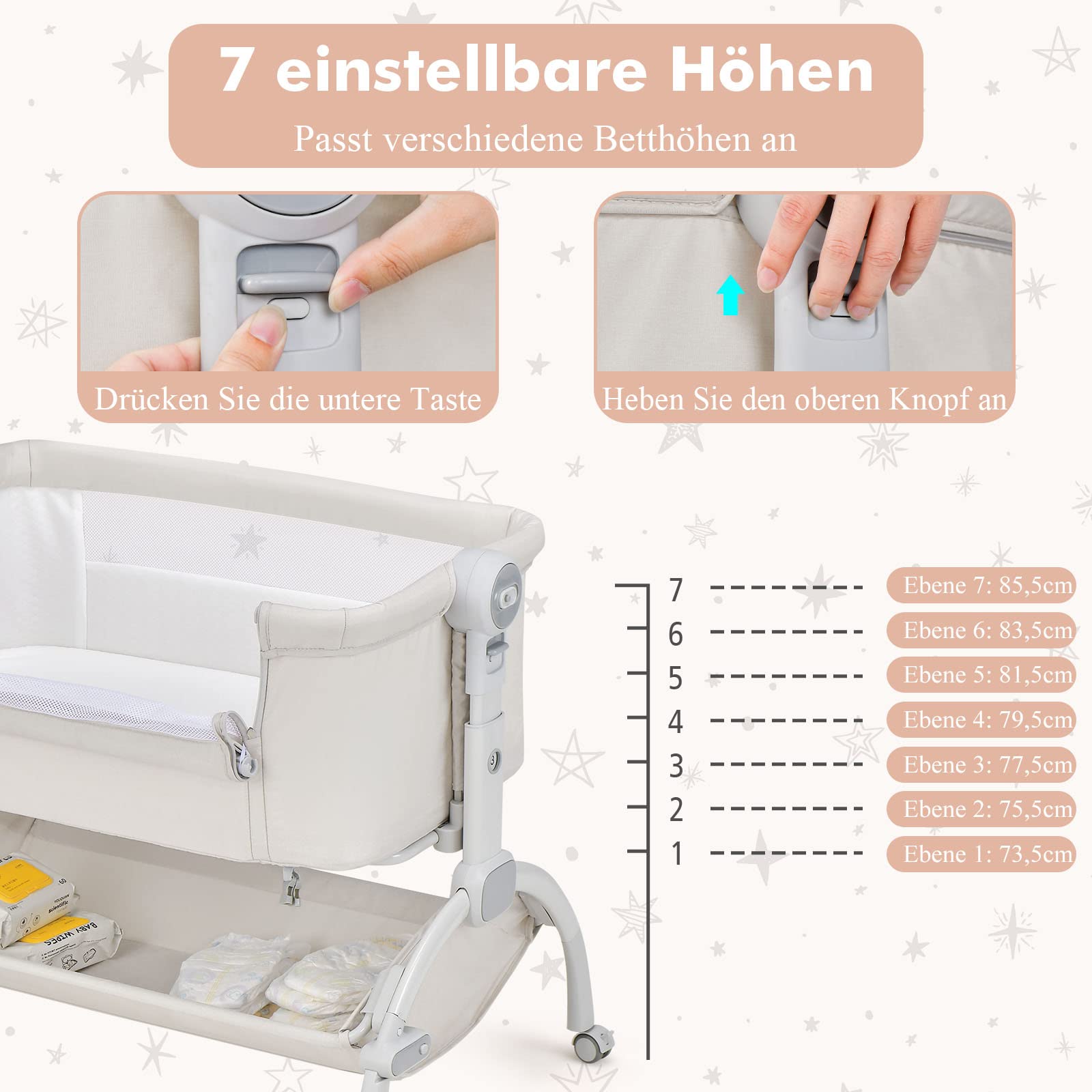 GOPLUS Baby Beistellbett, 3-in-1-Babywiege mit Matratze & Tragetasche & Aufbewahrungskorb, 7-Fach höhenverstellbares Babybett, neigbarer Stubenwagen für Neugeborene bis 9 kg Belastbar (Beige)