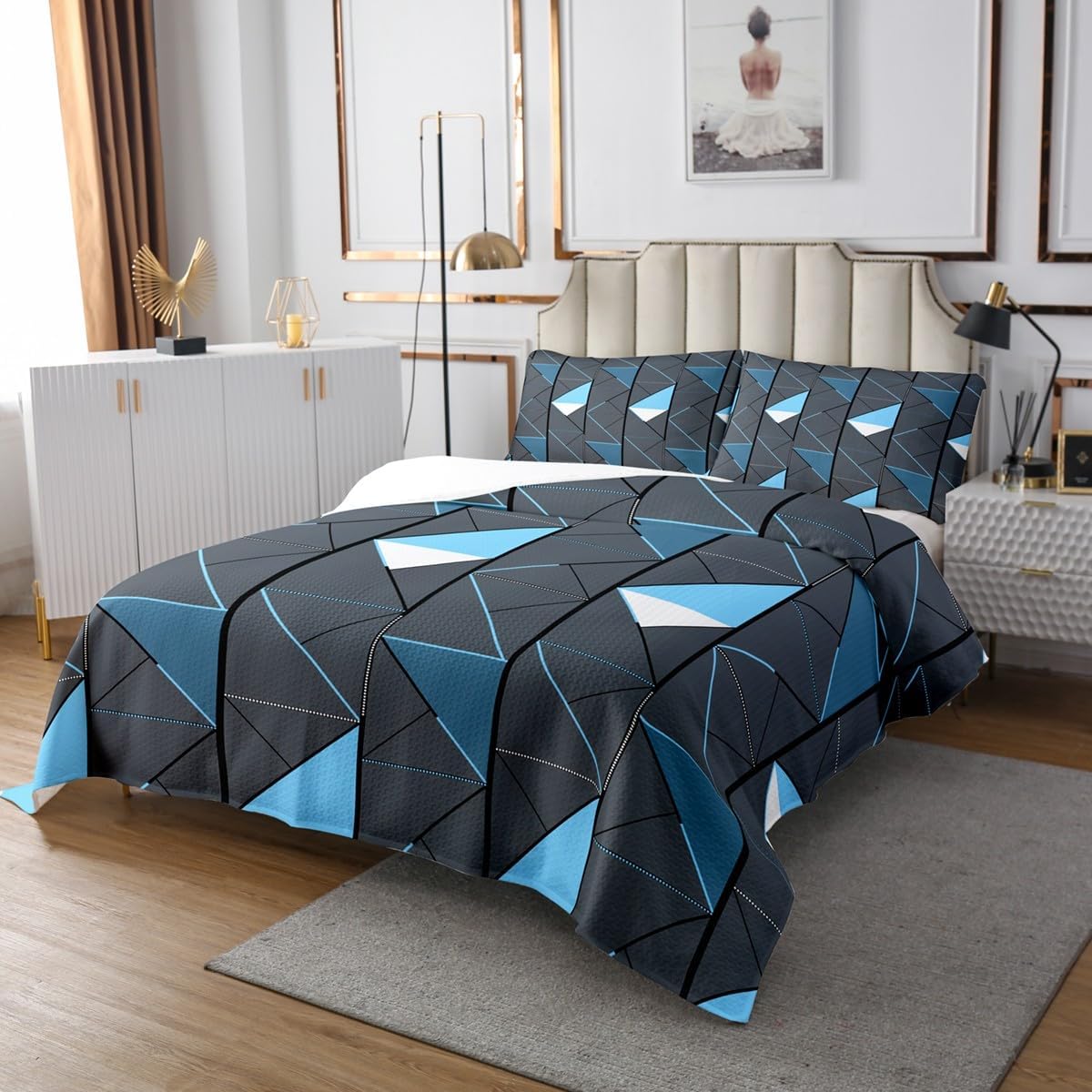 Erosebridal Blue Grey Triangle Quilt Set Queen Size for Kids Teens Adults,Geometric Coverlet Set,Abstract Art Bed Cover Bedroom Decor,Modern Bedspread Set