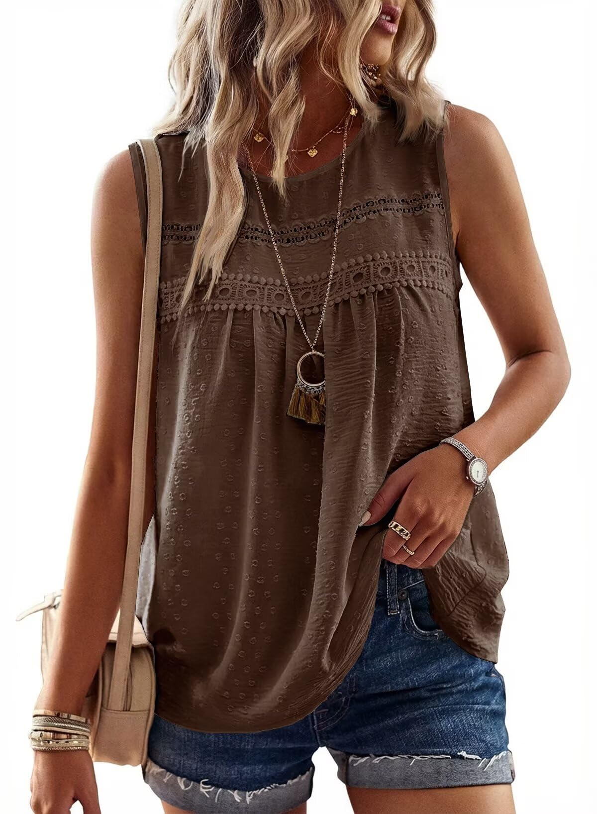 Falechay Tank Tops for Women Flowy Boho Cute Swiss Dots Sleeveless Shirts | Crewneck Loose Fit Summer Blouses, Daily Casual, Hide Belly Fat, Cute Lace Hem Ladies Tunic, Babydoll Crochet Trendy Clothes