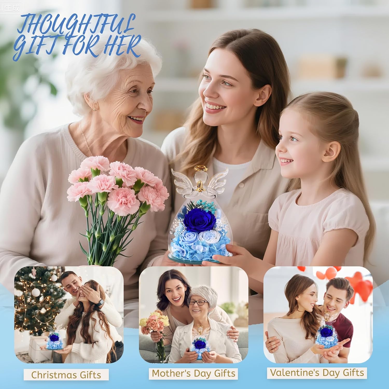 Beferr Valentines Day Gifts for Her Women, Flowers for Delivery Birthday Gifts for Mom Grandma, Preserved Rose Forever Flower in Glass Angel Figurines Real Fresh for Wife Sister Daughter - Image 6