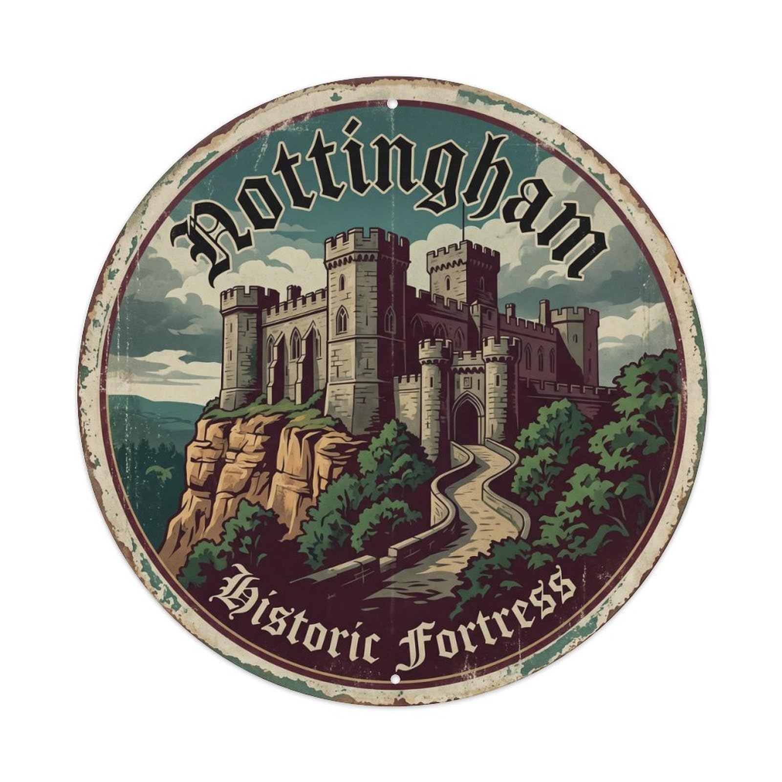 Fqcyn Style Vintage Travel Nottingham Castle Fortress Metal Tin Sign Plaque Wall Decor For Cafe, Club Bar, Office, Home Garden Round Metal Poster 8X8inch