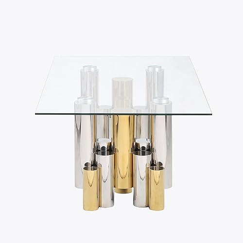 Miniatura 6 de SSLine Mesa de centro de cristal transparente con base de acero inoxidable irregular dorada y plateada, mesa de centro rectangular de lujo para sala