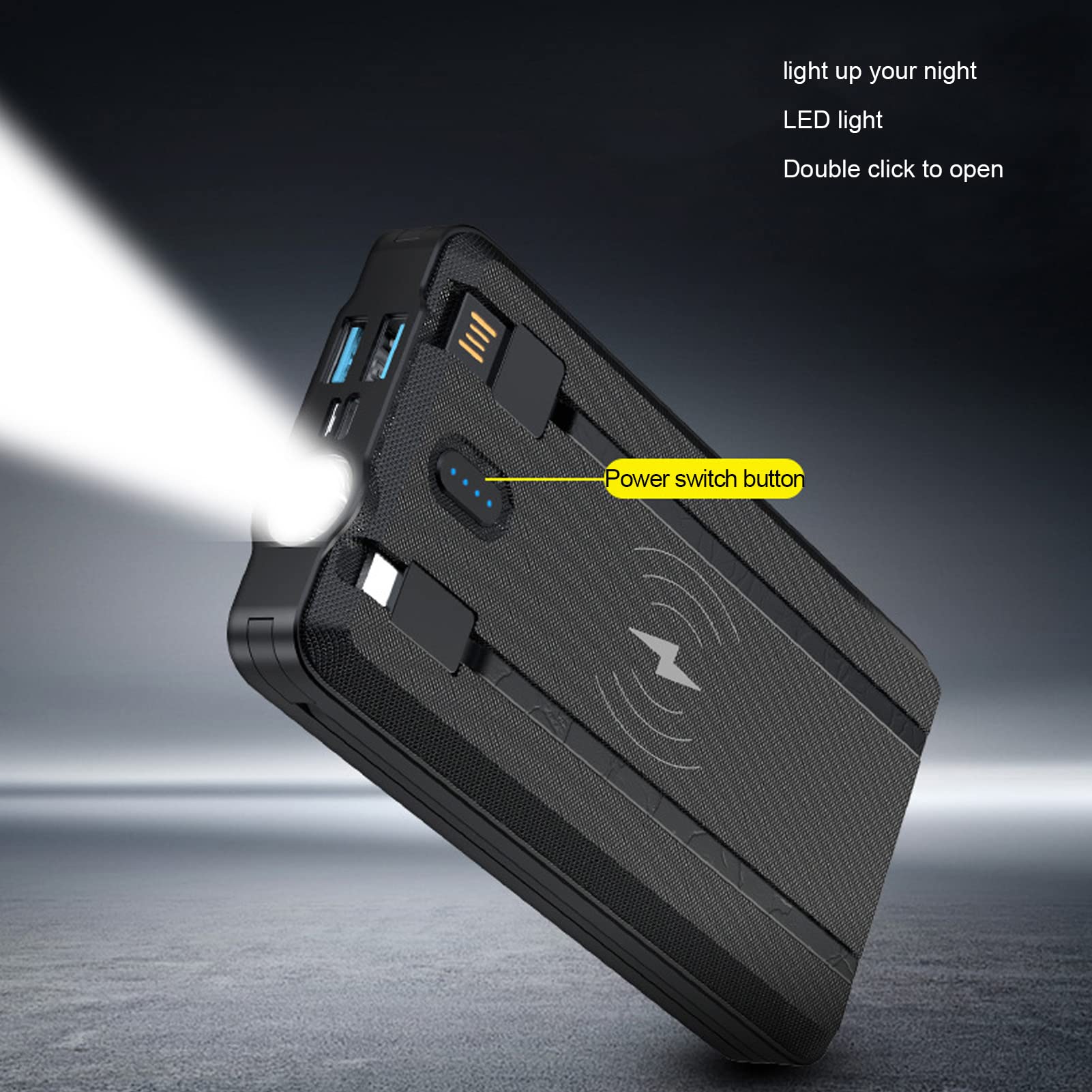 Powerbank Solarny LED, Ładowarka Zasilana Energią Słoneczną 30000 mAh Szybko Ładujący Powerbank z 4 Kablami Przenośny Zewnętrzny Akumulator do Biwakowania na Świeżym Powietrzu