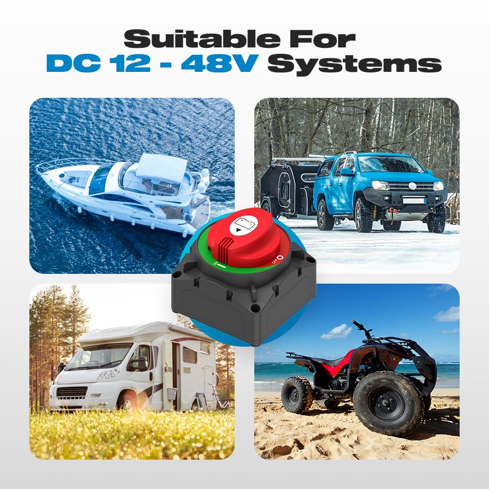 On/Off 600A Battery Disconnect Switch 12-48V Heavy-Duty Master Isolator Cut-Off Switch for Car, Truck, RV, Boat, Marine Vehicle