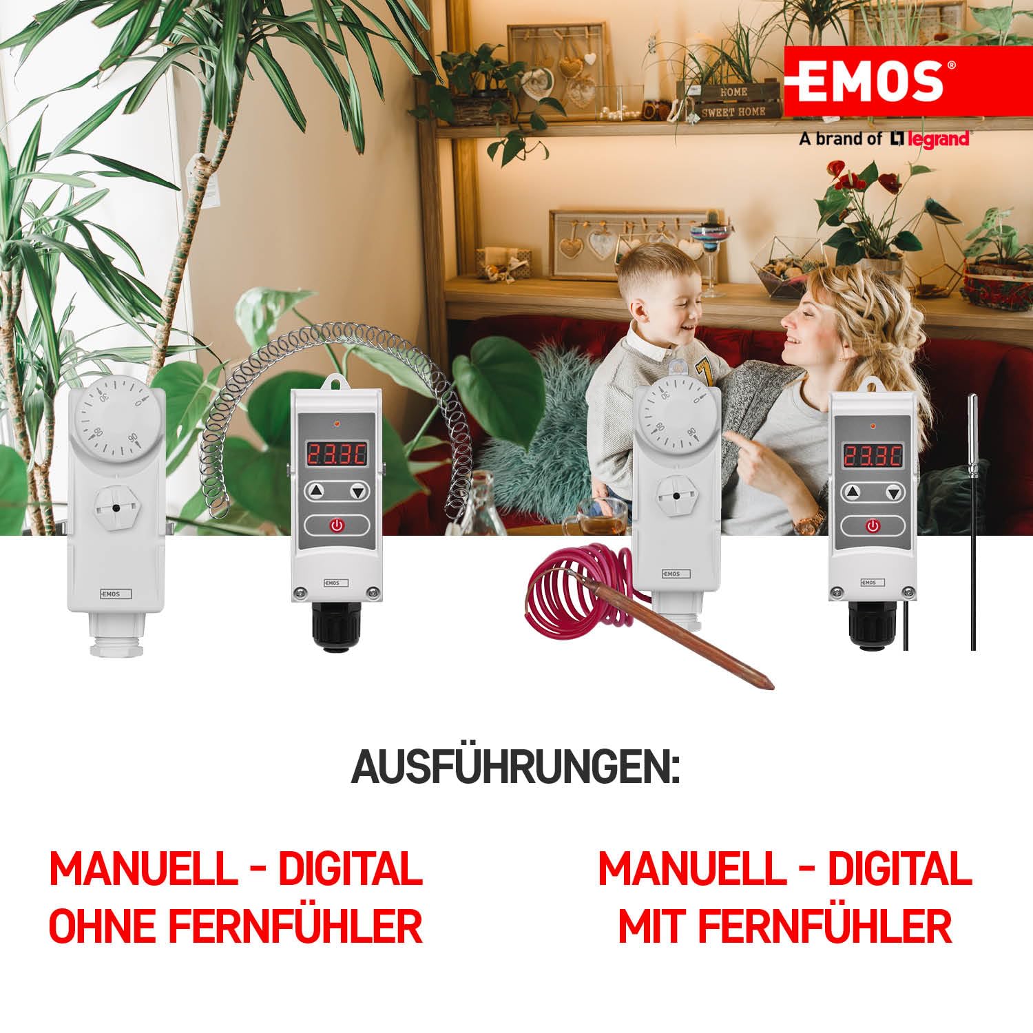 EMOS termostato Digital Manual, conmutación Ajustable, Resorte de Tornillo, 5–80 °C, calefacción/refrigeración, Montaje Superficie, Blanco