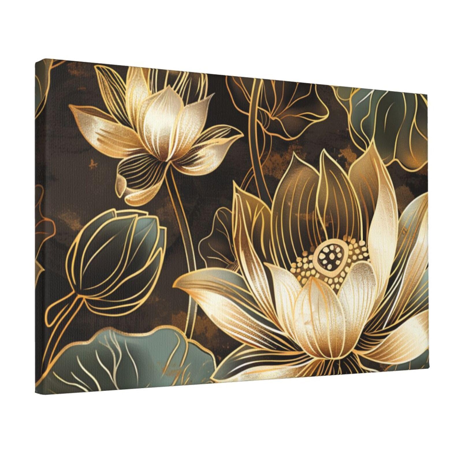 YKLJG Boho Gold Lotus Flowers Printed Wall Art Canvas Prints 45x30 CM Wooden Framed Picture Painting Artwork for Bedroom Kitchen Home Office Decor