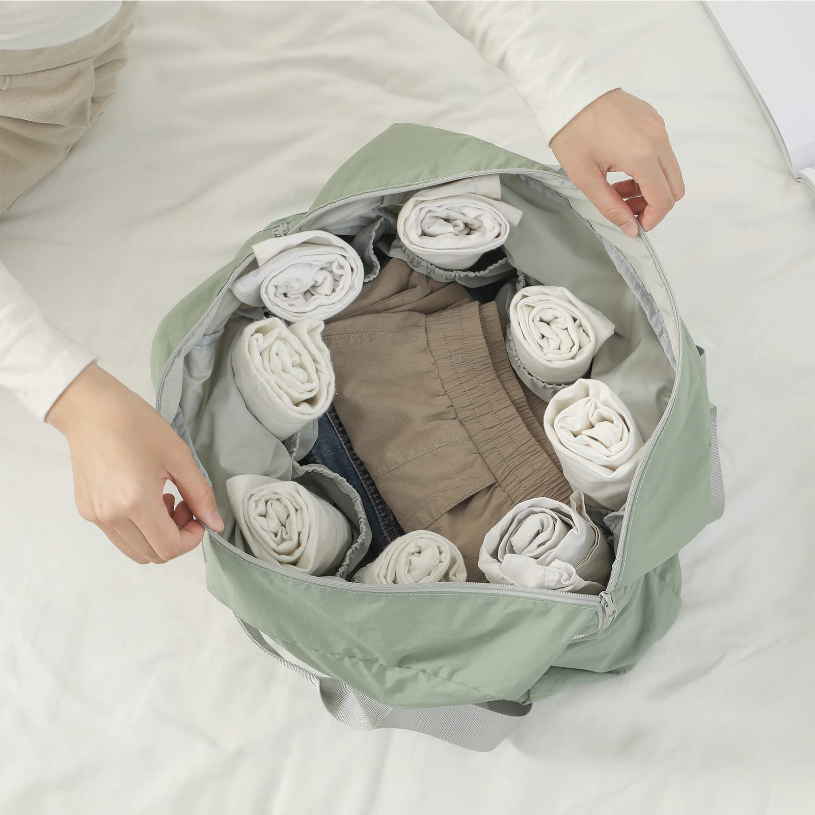 VanFn Borsone da viaggio pieghevole, borsone sportivo da palestra, borsa da palestra in nylon impermeabile, borsone leggero per donne e uomini, borsa da weekend all'aperto, serie P.Travel, Verde opaco