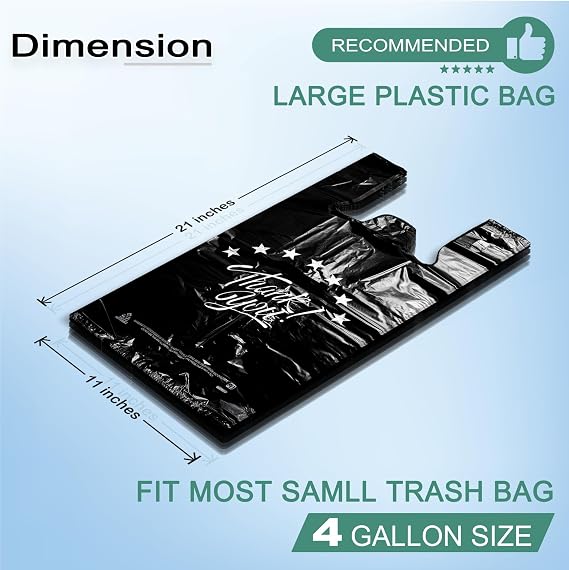 YoYoRain Black Thank you T shirt bag, Grocery shopping bag Reusable and Disposable Supermarket Bag 11''x6''x21'' 100PCS