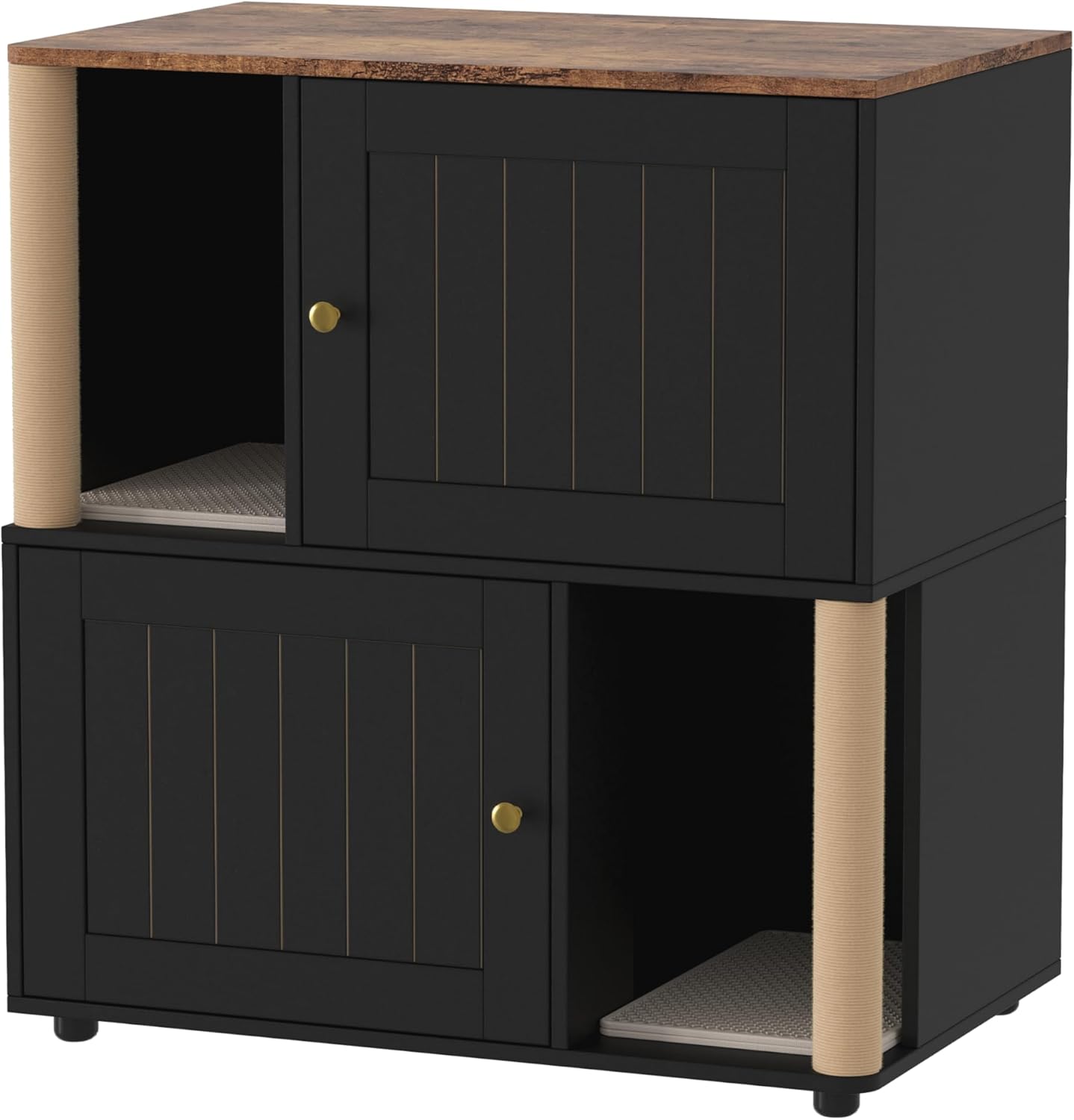 2-Cat Hidden Litter Box Enclosure Furniture with Built-in Sisal Scratching Posts & Integrated Litter Mat, Modern Double Litter Box Cabinet, Odor-Controlling Cat Litter Furniture for Large Cats