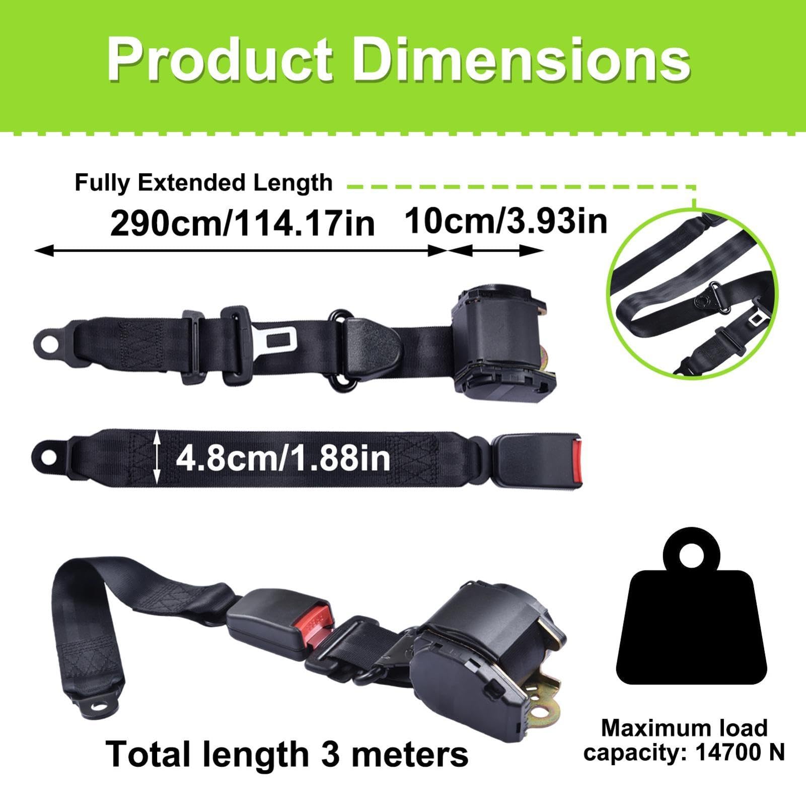Paquete de 2 cinturones de seguridad retráctiles automáticos de tress puntos de 3 m x 48 mm, para sedanes, camionetas, autocaravanas, vehículos y remolques, asientos delanteros y traseros