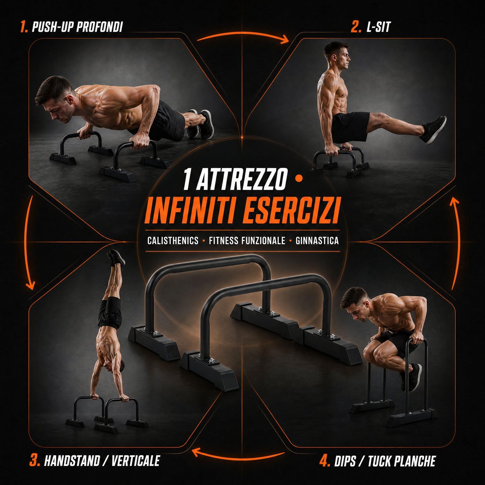 Mini Parallettes in Metallo per Calisthenics, Fitness e Palestra, Stabile e Antiscivolo per Uomo e Donna - Allenamento per Pettorali, Braccia, Spalle, Addominali