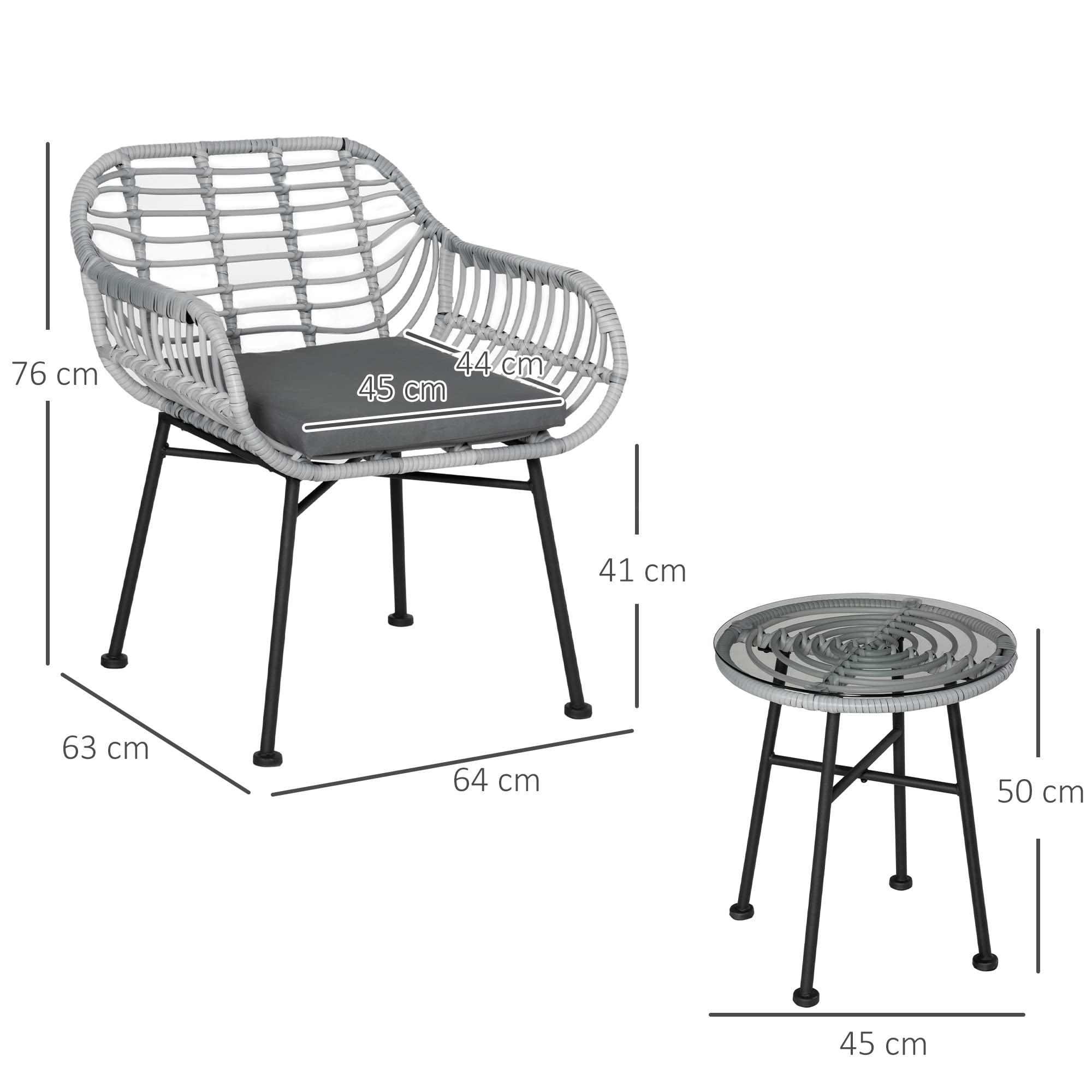 Outsunny Set Mobili da Giardino in Rattan PE 3 Pezzi, Salotto da Esterno con 2 Sedie e Tavolino in Vetro, Grigio