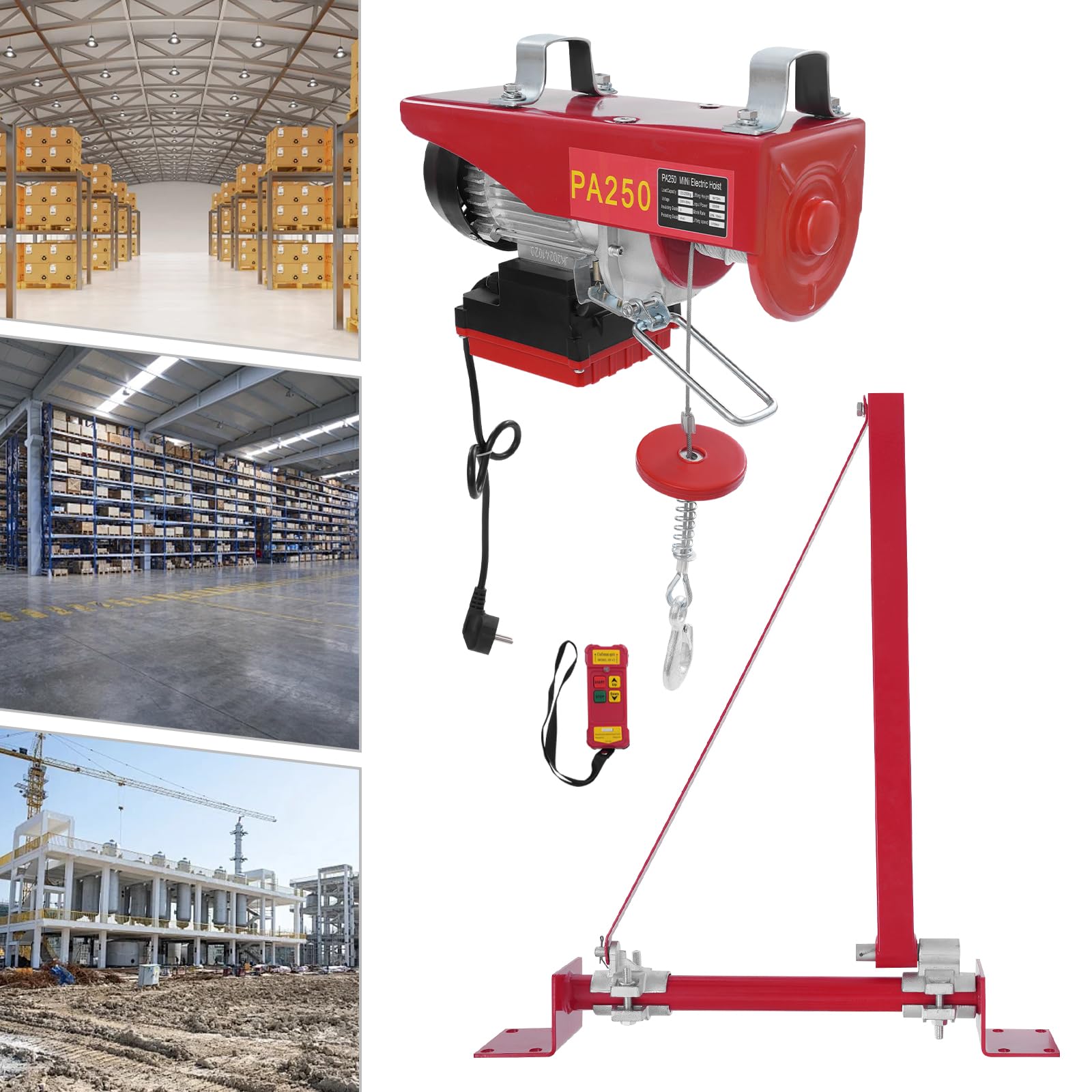 Flaschenzug 250kg, 12m Seil, kabellose Fernbedienung, 550W | 2 Hebearten (Einzel-/Doppelseil), inkl. 2 Tragegurte. Ideal für Garage, Werkstatt & Baustelle – sicher & flexibel