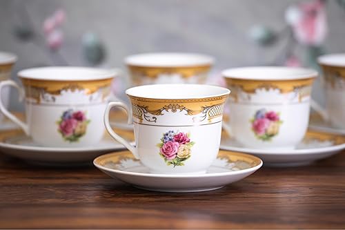 Miniatura 3 de Juego de té rosa vintage, 12 piezas, elegante diseño blanco y floral, platillos de 5.5 pulgadas, tazas de porcelana de 6.5 onzas, para té negro o