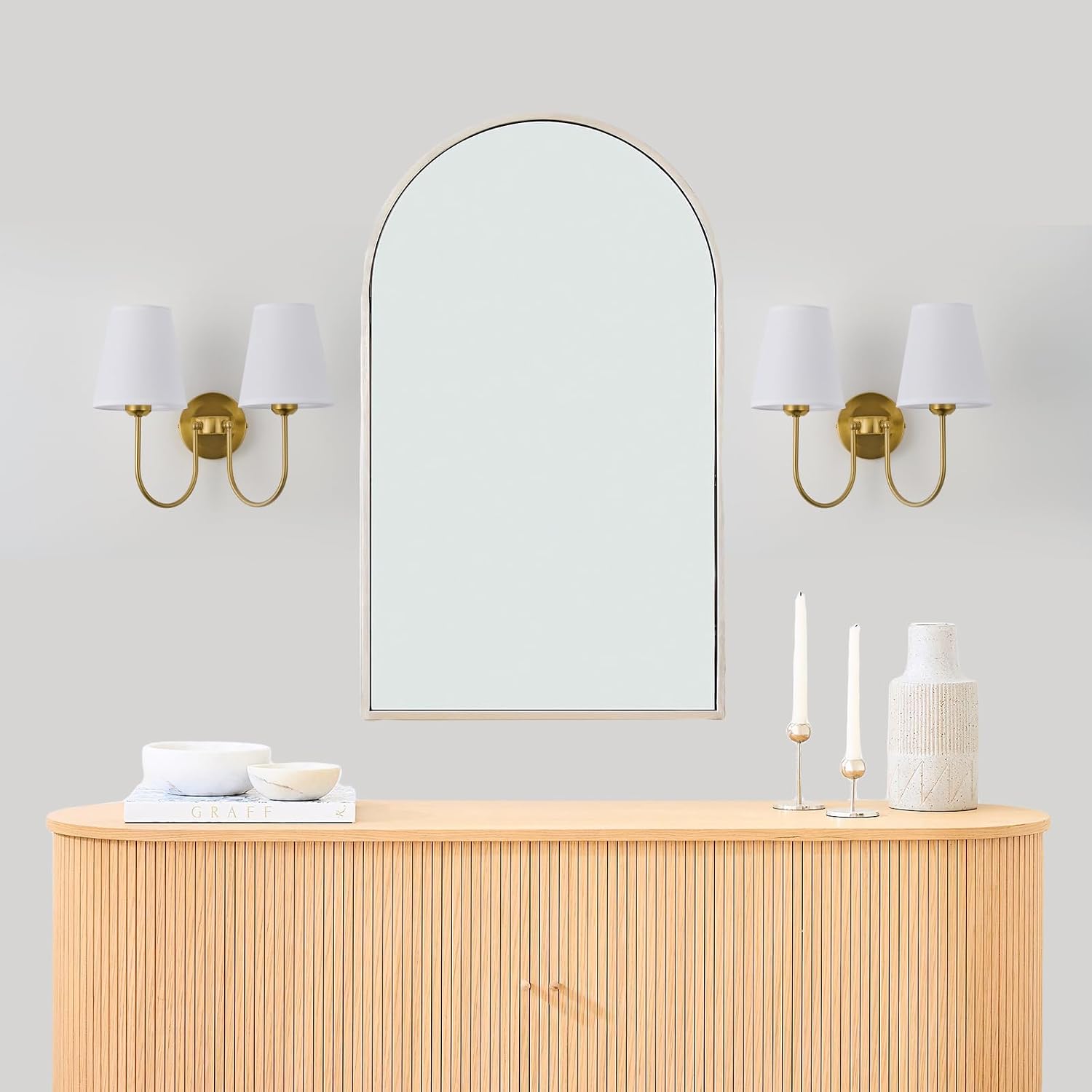 Hardwired White Fabric 2 Light Wall Sconce Double Headed Cloth Shade Fixture for Bedroom, Bathroom & Hallway (Direct Wire)