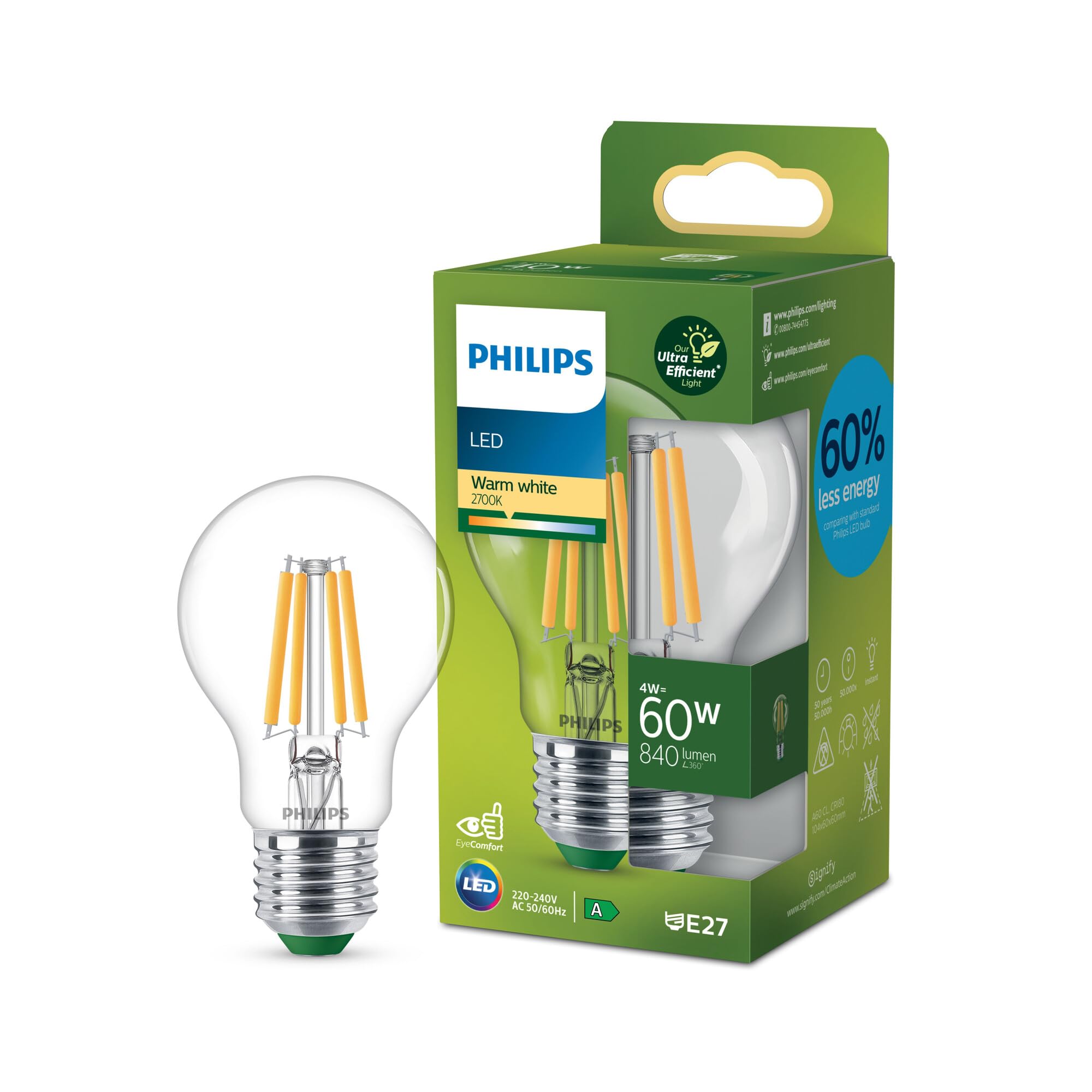 Philips Led Classe A Goccia Vetro Filam 60w E27 2700k-bianco