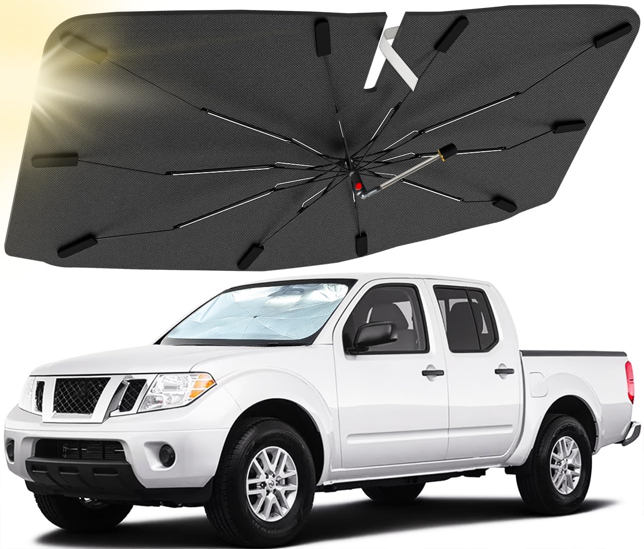 Car Windshield Sun Shade Custom Fit for Nissan Frontier 2006-2021, Car Sun Shade with 360°Rotation Bendable Handle, Automotive Windshield Sunshades Cover, Protect Your Interior