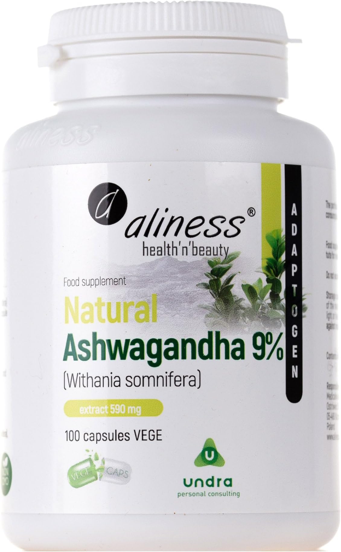 Aliness Natural Ashwagandha 9%, Withania Somnifera, 100 Vegan Capsules, Adaptogen