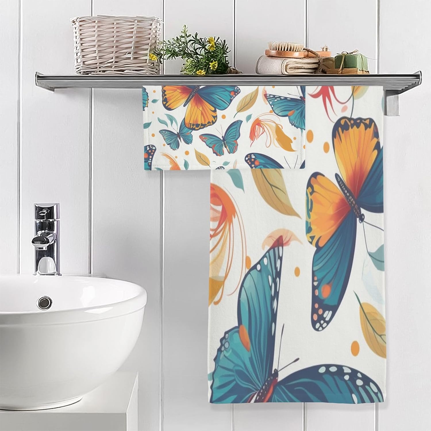 Hand Towels Premium Soft and Highly Absorbent Cute Butterfly 2 Pcs Towels for Bathroom Set 100% Cotton Decorative Face Towels