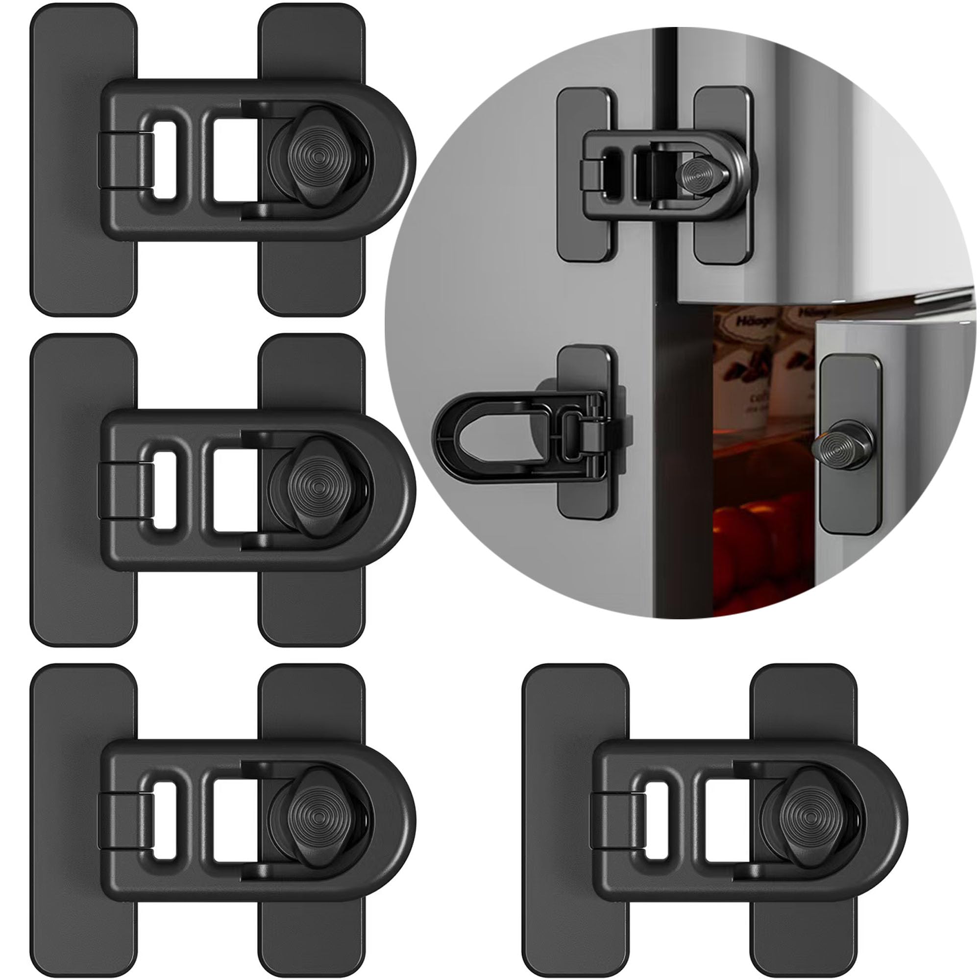 4 Pack Serrure de porte de réfrigérateur de sécurité enfant，pour réfrigérateurs, congélateurs et armoires,utilisant un adhésif 3M-Aucun Outil ou Perceuse Nécessaire(Noir)
